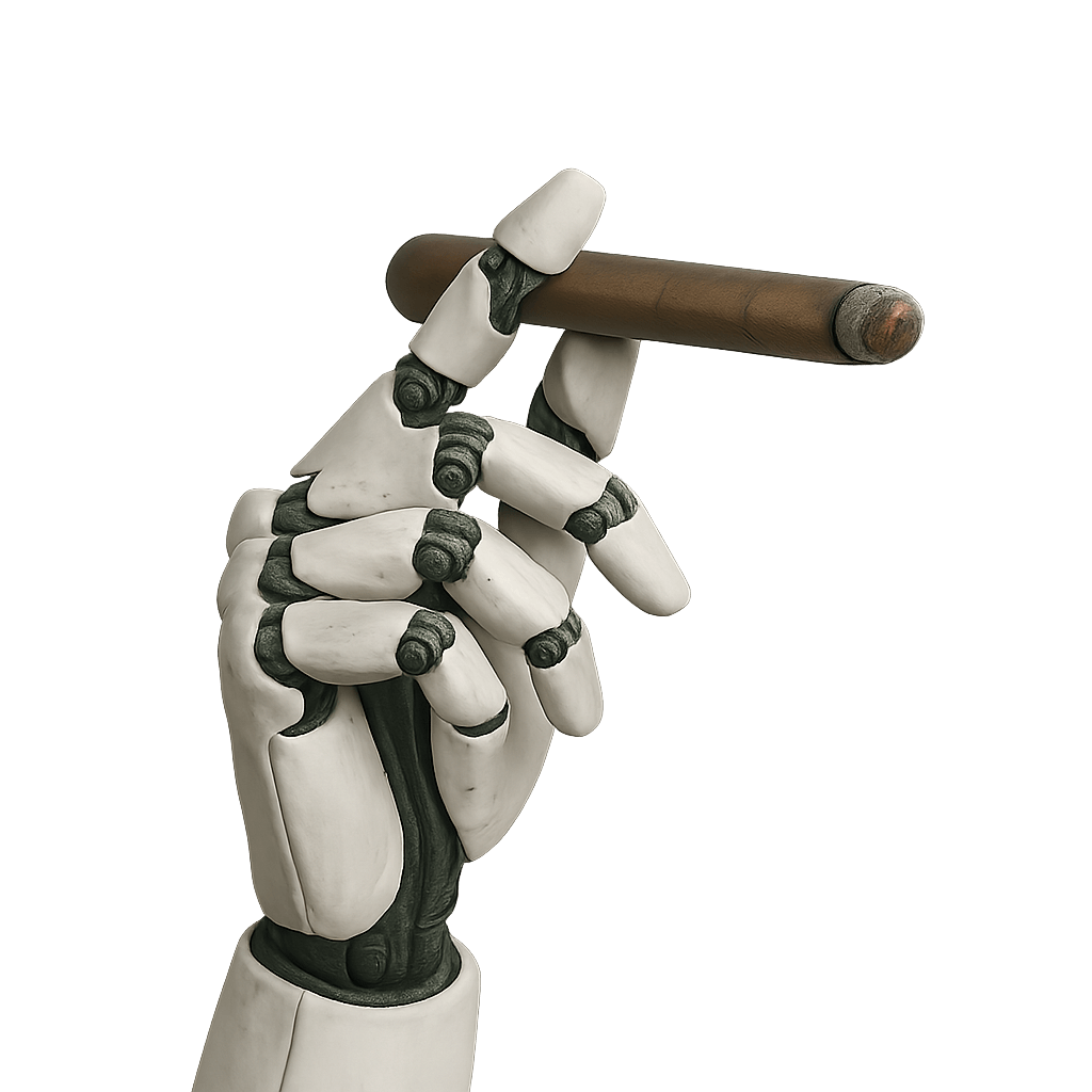 Humanoid hand holding a smoking cigar