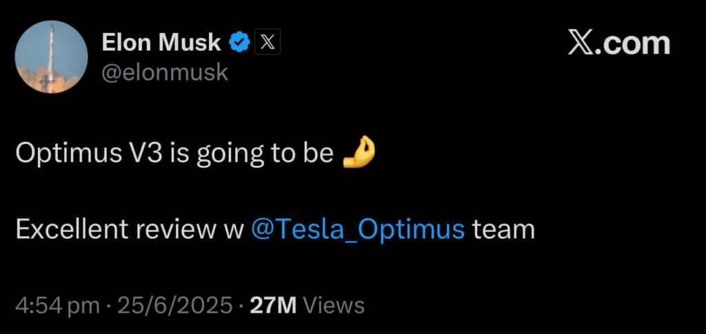 Elon musk post praising the review of Optimus V3.